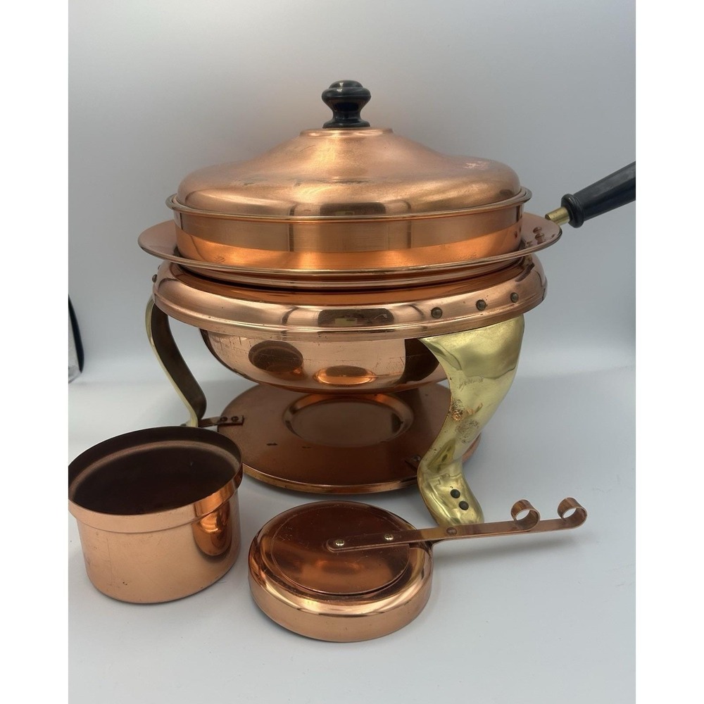 VTG Copper & Brass Patina Classic Chafing Dish Double Pan Food Warmer Stand